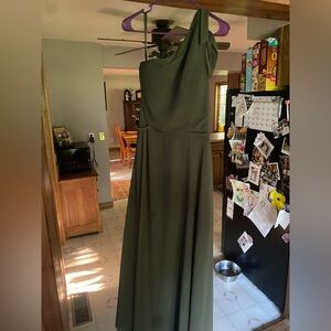 Size 12, one shoulder, olive green Kennedy blue bridesmaid dress.